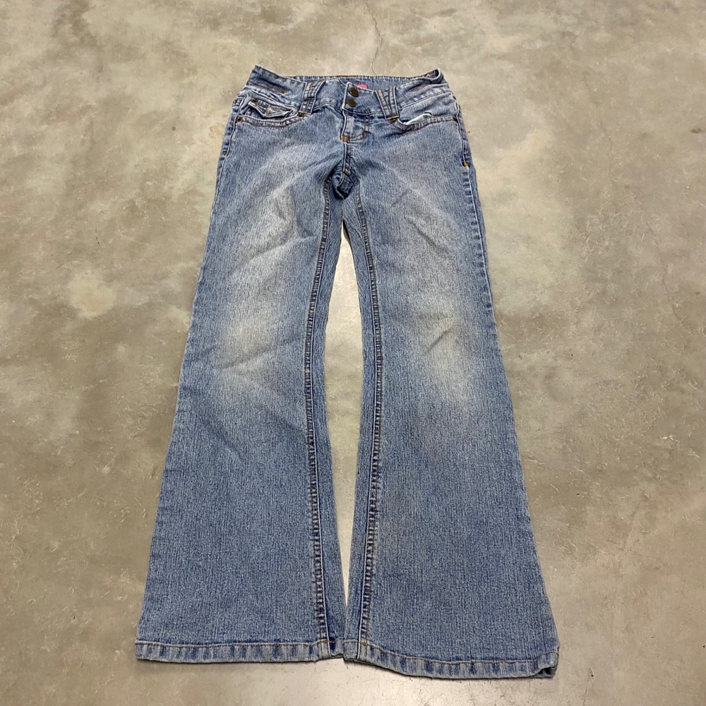 Rewind Girls Flare Leg Jeans Medium Wash Embroidered Heart Floral Size 10